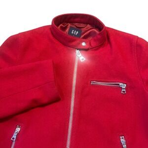 GAP Red Zip Biker Jacket Women's Size Medium Moto Style Wool Blend Moto